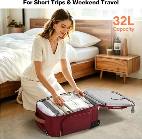 mixi 16 Inch Underseat Carry-On Luggage, Softside Suitcase with Wheels, Fashion Lightweight Water-Resistant Personal Item Travel Bag for Short Trips, Wine Red in Saudi Arabia