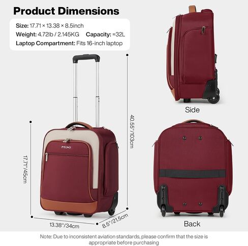mixi 16 Inch Underseat Carry-On Luggage, Softside Suitcase with Wheels, Fashion Lightweight Water-Resistant Personal Item Travel Bag for Short Trips, Wine Red in Saudi Arabia
