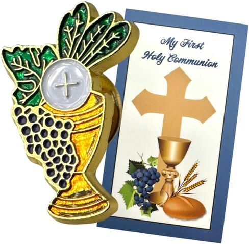 First Holy Communion Chalice & Cross Lapel Pin with “My First Holy Communion" Card – Catholic Eucharist Symbol Gift for Him or Her – Made in USA Cardstock Display in Kuwait