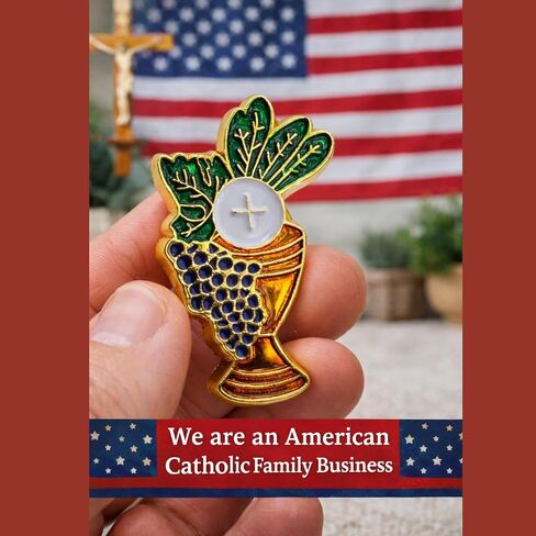 First Holy Communion Chalice & Cross Lapel Pin with “My First Holy Communion" Card – Catholic Eucharist Symbol Gift for Him or Her – Made in USA Cardstock Display in Kuwait