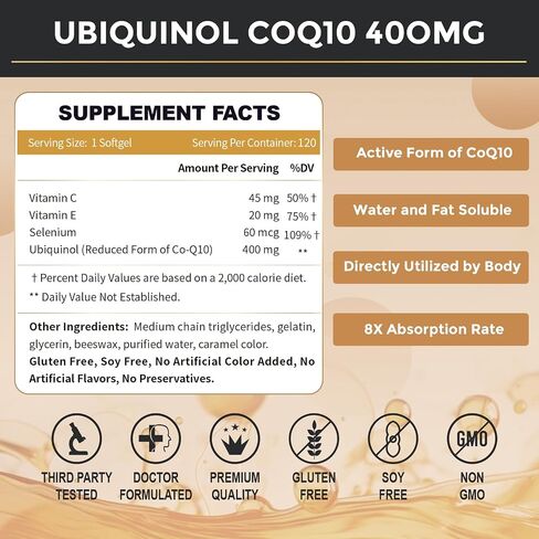 ZEBORA Ubiquinol CoQ10 400mg Softgels with Vitamin C & Vitamin E & Selenium, Max-Absorption, 4-in-1 Powerful Antioxidant, Supports Heart Health & Energy-Production,120 Softgels in Kuwait