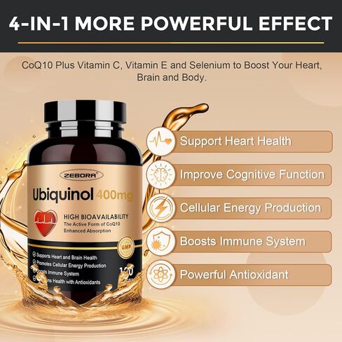 ZEBORA Ubiquinol CoQ10 400mg Softgels with Vitamin C & Vitamin E & Selenium, Max-Absorption, 4-in-1 Powerful Antioxidant, Supports Heart Health & Energy-Production,120 Softgels in Kuwait