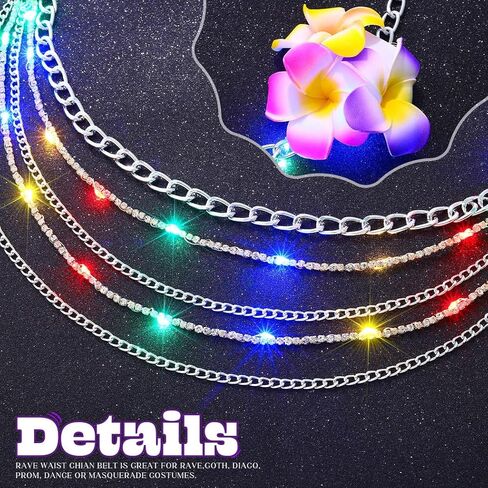 REETAN Light Up Waist Chain Belt Rhinestone Silver Fashion Rave Body Accessories for Women in Kuwait