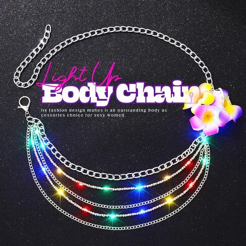 REETAN Light Up Waist Chain Belt Rhinestone Silver Fashion Rave Body Accessories for Women in Kuwait