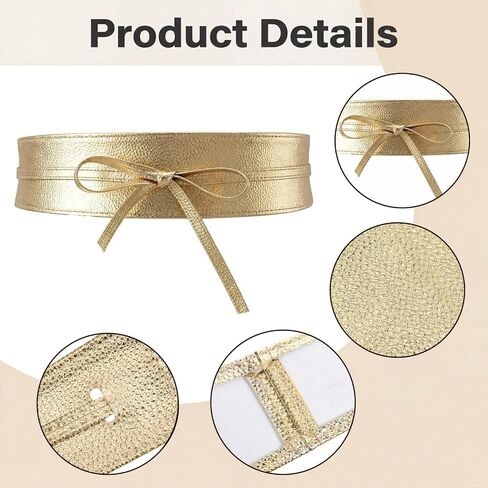 Women Obi Waist Belt, Gold Faux Leather Wide Wrap Around Obi Belt, Fashion Adjustable Self Tie Waist Belt for Dresses and Blouses in Saudi Arabia