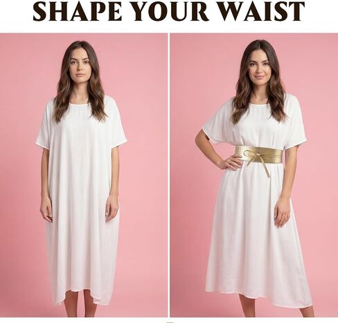 Women Obi Waist Belt, Gold Faux Leather Wide Wrap Around Obi Belt, Fashion Adjustable Self Tie Waist Belt for Dresses and Blouses in Saudi Arabia