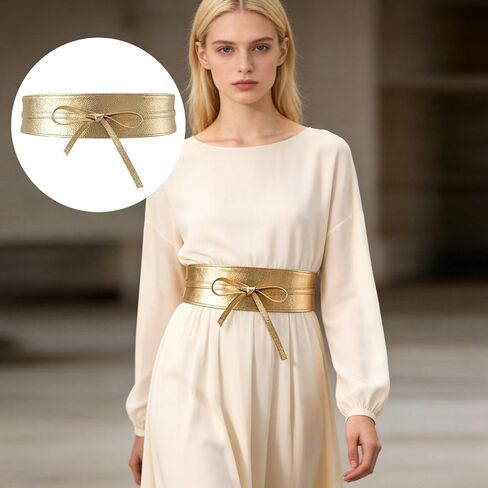 Women Obi Waist Belt, Gold Faux Leather Wide Wrap Around Obi Belt, Fashion Adjustable Self Tie Waist Belt for Dresses and Blouses in Saudi Arabia