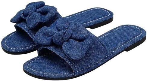 Women's Denim Bow Flat Sandals Casual Jean Slip on Open Toe Slide Shoes for Summer Beach Vacation Indoor Outdoor Wear in Saudi Arabia