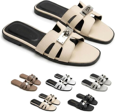 Women's Slide Sandals Metal Buckle Cut-out Flat Slides Modern Retro Summer Slip-on Beach Shoes Soft Lightweight for Vacation Shopping Outdoor in Saudi Arabia