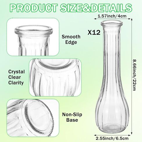 Glass Bud Vases for Centerpieces, 12 Pack 8.7" Tall Clear Ribbed Small Flower Vases for Wedding Party Home Decor - Minimalist Table Vase for Roses Pampas Grass DIY, Hurricane Candle Holder in Saudi Arabia