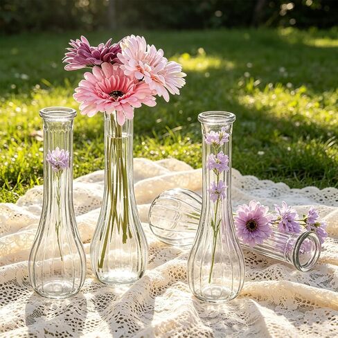 Glass Bud Vases for Centerpieces, 12 Pack 8.7" Tall Clear Ribbed Small Flower Vases for Wedding Party Home Decor - Minimalist Table Vase for Roses Pampas Grass DIY, Hurricane Candle Holder in Saudi Arabia