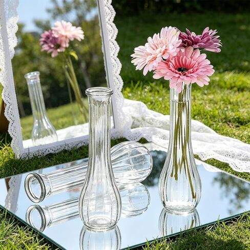 Glass Bud Vases for Centerpieces, 12 Pack 8.7" Tall Clear Ribbed Small Flower Vases for Wedding Party Home Decor - Minimalist Table Vase for Roses Pampas Grass DIY, Hurricane Candle Holder in Saudi Arabia