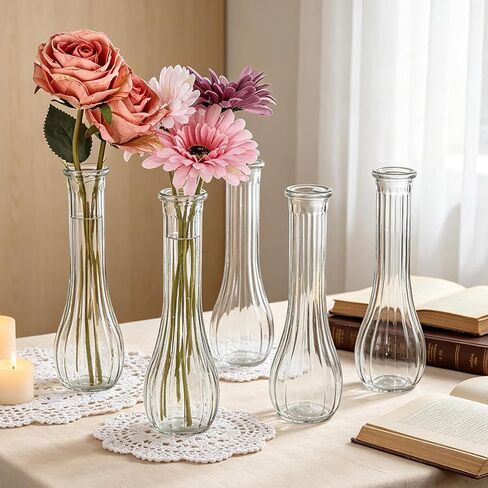 Glass Bud Vases for Centerpieces, 12 Pack 8.7" Tall Clear Ribbed Small Flower Vases for Wedding Party Home Decor - Minimalist Table Vase for Roses Pampas Grass DIY, Hurricane Candle Holder in Saudi Arabia