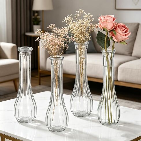 Glass Bud Vases for Centerpieces, 12 Pack 8.7" Tall Clear Ribbed Small Flower Vases for Wedding Party Home Decor - Minimalist Table Vase for Roses Pampas Grass DIY, Hurricane Candle Holder in Saudi Arabia