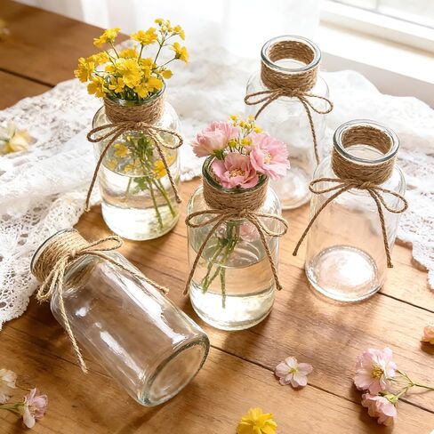 12 Pack Glass Flower Vases with Rope,Brajttt Vintage Bud Vases in Bulk,Mason Jars for Centerpieces,Flower Vase for Centerpieces and Tag for Weddings,Home Decor & DIY Projects in Saudi Arabia