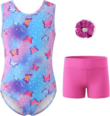 باتبات الجمباز ثياب للفتيات الرقص التألق قطعة واحدة Biketards النشطة Unitards مع الشعر Scrunchie in Kuwait