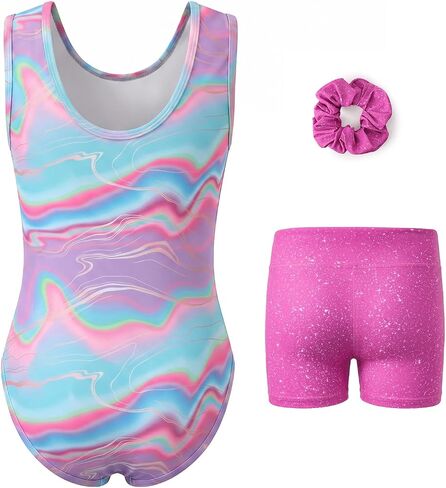 باتبات الجمباز ثياب للفتيات الرقص التألق قطعة واحدة Biketards النشطة Unitards مع الشعر Scrunchie in Kuwait
