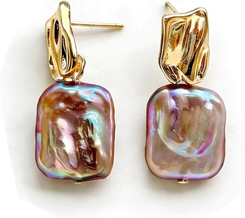 Freshwater Cultured Baroque Pearl Drop Jewelry Earrings for Women, Pink Teardrop and Square Dangle Earrings with 14K Gold Plated and Sterling Silver Posts, Hypoallergenic Romantic Gift for Her in Saudi Arabia