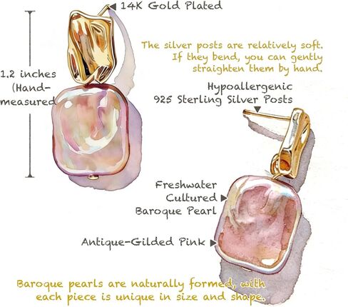 Freshwater Cultured Baroque Pearl Drop Jewelry Earrings for Women, Pink Teardrop and Square Dangle Earrings with 14K Gold Plated and Sterling Silver Posts, Hypoallergenic Romantic Gift for Her in Kuwait