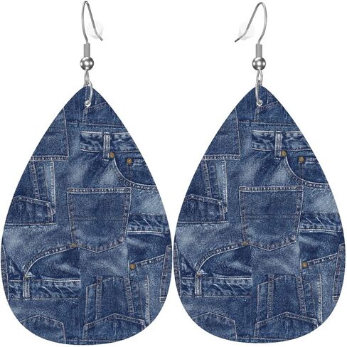 Vintage Blue Jean Denim Print Faux Leather Earrings, Vintage Denim Fold Art Print Teardrop Dangle Earrings, Lightweight Dangle For Women in Saudi Arabia