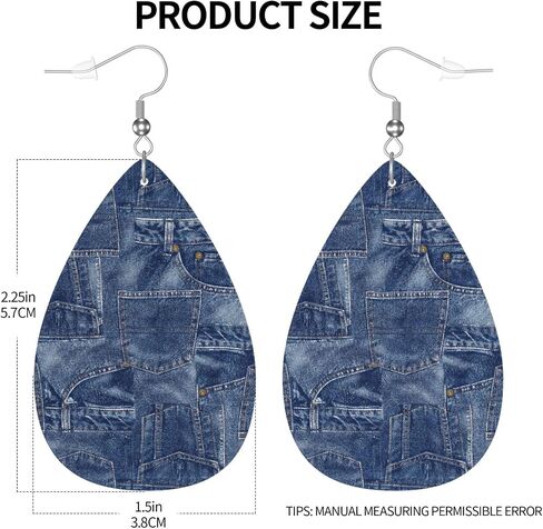 Vintage Blue Jean Denim Print Faux Leather Earrings, Vintage Denim Fold Art Print Teardrop Dangle Earrings, Lightweight Dangle For Women in Saudi Arabia