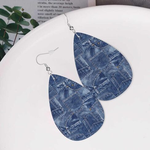 Vintage Blue Jean Denim Print Faux Leather Earrings, Vintage Denim Fold Art Print Teardrop Dangle Earrings, Lightweight Dangle For Women in Saudi Arabia