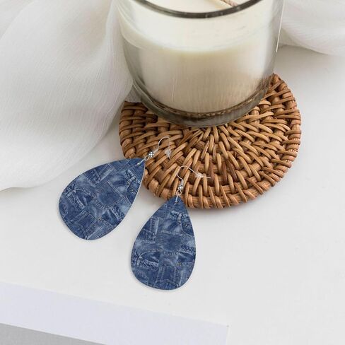 Vintage Blue Jean Denim Print Faux Leather Earrings, Vintage Denim Fold Art Print Teardrop Dangle Earrings, Lightweight Dangle For Women in Saudi Arabia