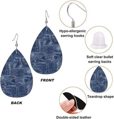 Vintage Blue Jean Denim Print Faux Leather Earrings, Vintage Denim Fold Art Print Teardrop Dangle Earrings, Lightweight Dangle For Women in Saudi Arabia