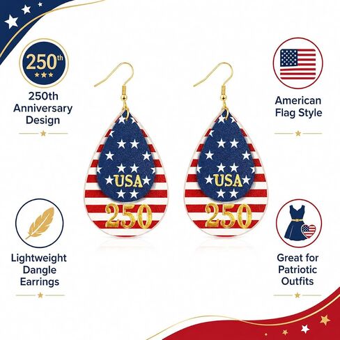 4th of July Earrings for 250 Anniversary Usa Merchandise Patriotic Earrings for Women Leather Teardrop Dangle Earrings for Independence Day American Flag Jewelry Accessories in Saudi Arabia