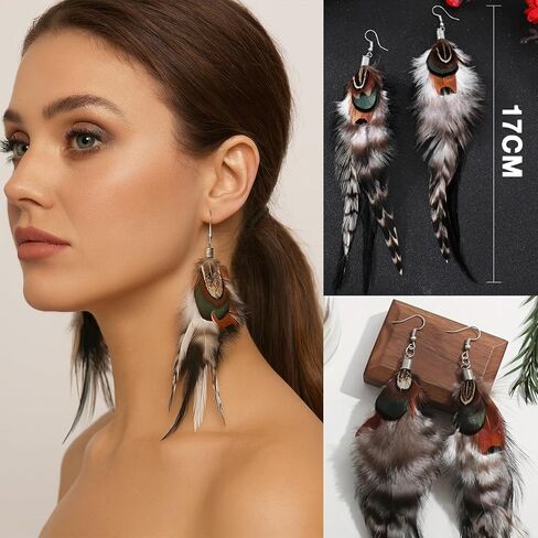 3 Pcs Artisanal Feather Earrings for Women, Boho Bohemian Style with Multicolor Tassels, Handmade Dangling Feather Dangles, Lightweight Trendy in Kuwait