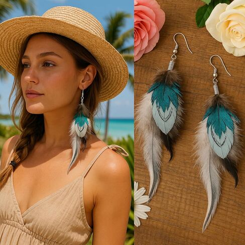 3 Pcs Artisanal Feather Earrings for Women, Boho Bohemian Style with Multicolor Tassels, Handmade Dangling Feather Dangles, Lightweight Trendy in Kuwait