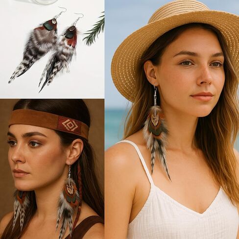 3 Pcs Artisanal Feather Earrings for Women, Boho Bohemian Style with Multicolor Tassels, Handmade Dangling Feather Dangles, Lightweight Trendy in Kuwait