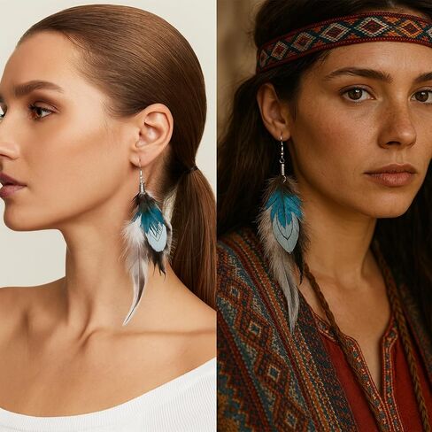 3 Pcs Artisanal Feather Earrings for Women, Boho Bohemian Style with Multicolor Tassels, Handmade Dangling Feather Dangles, Lightweight Trendy in Kuwait
