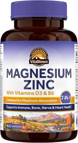 Vitalitown Magnesium Zinc, with Vitamins D3 & B6, Chelated Magnesium Glycinate, Malate, Citrate, Taurate, High Absorption, for Sleep, Bone, Heart, Immune, Digestive Support, 60 Caps in Saudi Arabia