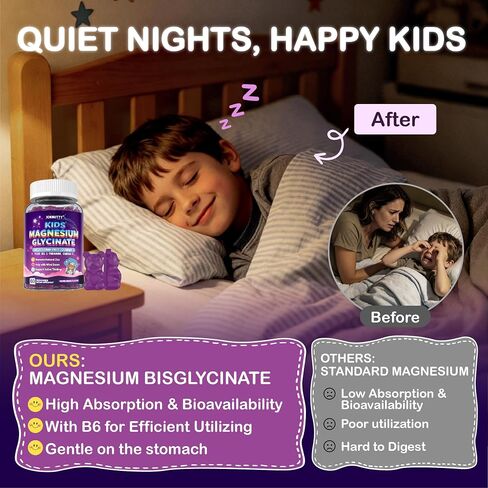 Magnesium Gummies for Kids - Magnesium Glycinate Chewable Supplement with L-Theanine, Vitamin B6, Phosphatidyiserine and Omega for Kids Natural Zzz, Development & Overall Health - Sugar Free & Vegan in Saudi Arabia