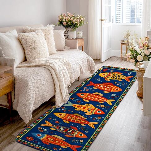 Fish Runner Rug, Colorful Artistic Flowers Patterns Summer Blue Low Pile Sponge Edge Binding Home Rectangle Carpet for Kitchen Laundry Room Doorway Entryway Decor 2x8 Ft in Kuwait