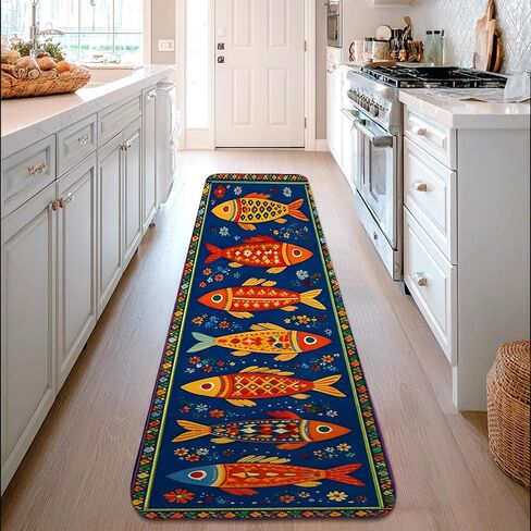 Fish Runner Rug, Colorful Artistic Flowers Patterns Summer Blue Low Pile Sponge Edge Binding Home Rectangle Carpet for Kitchen Laundry Room Doorway Entryway Decor 2x8 Ft in Kuwait