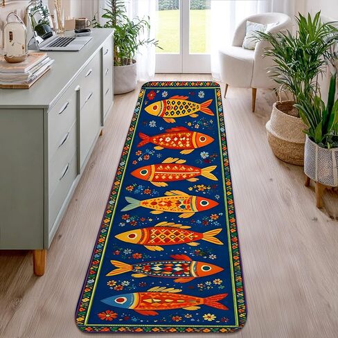 Fish Runner Rug, Colorful Artistic Flowers Patterns Summer Blue Low Pile Sponge Edge Binding Home Rectangle Carpet for Kitchen Laundry Room Doorway Entryway Decor 2x8 Ft in Kuwait
