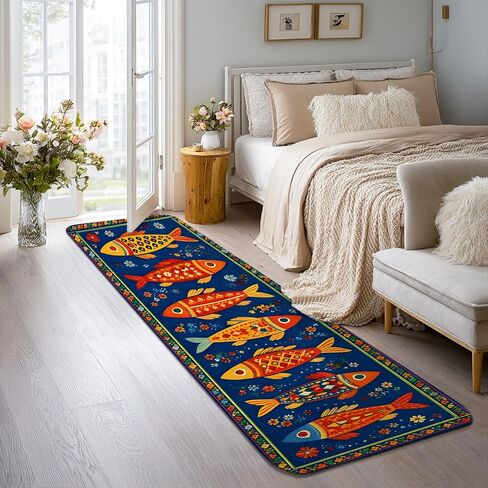 Fish Runner Rug, Colorful Artistic Flowers Patterns Summer Blue Low Pile Sponge Edge Binding Home Rectangle Carpet for Kitchen Laundry Room Doorway Entryway Decor 2x8 Ft in Kuwait