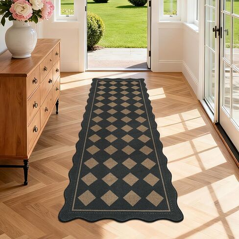 Pauwer Checkered Easy Jute Runner Rug 2x6 Hallway Kitchen Mat Non Slip Washable Scalloped Runner Rug for Entryway Indoor Oudoor Floor Carpet for Laundry Patio Foyer Front Door, Black in Saudi Arabia