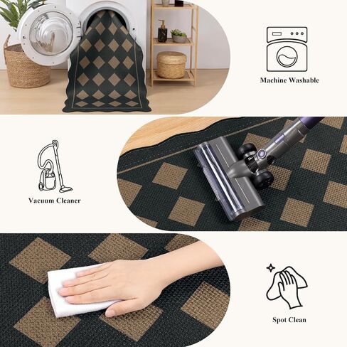 Pauwer Checkered Easy Jute Runner Rug 2x6 Hallway Kitchen Mat Non Slip Washable Scalloped Runner Rug for Entryway Indoor Oudoor Floor Carpet for Laundry Patio Foyer Front Door, Black in Saudi Arabia