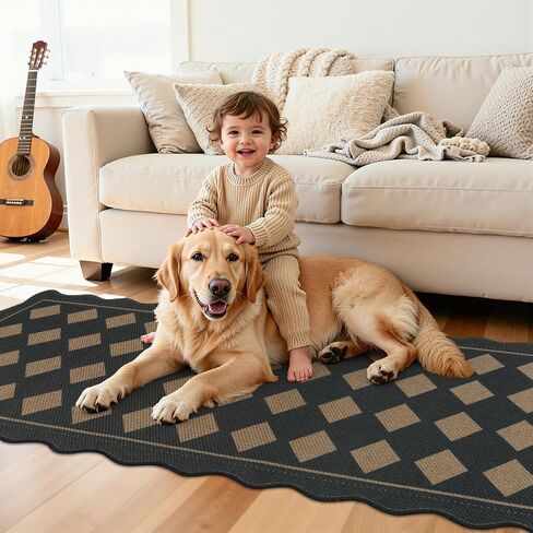 Pauwer Checkered Easy Jute Runner Rug 2x6 Hallway Kitchen Mat Non Slip Washable Scalloped Runner Rug for Entryway Indoor Oudoor Floor Carpet for Laundry Patio Foyer Front Door, Black in Saudi Arabia