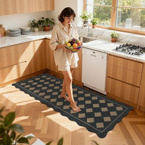 Pauwer Checkered Easy Jute Runner Rug 2x6 Hallway Kitchen Mat Non Slip Washable Scalloped Runner Rug for Entryway Indoor Oudoor Floor Carpet for Laundry Patio Foyer Front Door, Black in Saudi Arabia