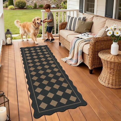 Pauwer Checkered Easy Jute Runner Rug 2x6 Hallway Kitchen Mat Non Slip Washable Scalloped Runner Rug for Entryway Indoor Oudoor Floor Carpet for Laundry Patio Foyer Front Door, Black in Saudi Arabia