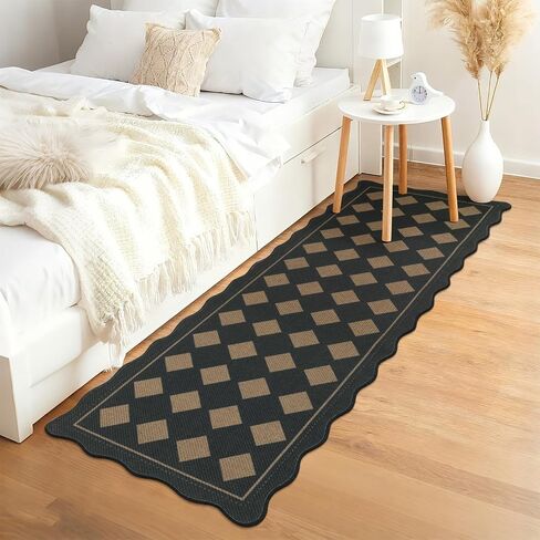 Pauwer Checkered Easy Jute Runner Rug 2x6 Hallway Kitchen Mat Non Slip Washable Scalloped Runner Rug for Entryway Indoor Oudoor Floor Carpet for Laundry Patio Foyer Front Door, Black in Saudi Arabia