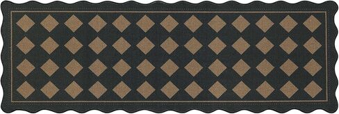 Pauwer Checkered Easy Jute Runner Rug 2x6 Hallway Kitchen Mat Non Slip Washable Scalloped Runner Rug for Entryway Indoor Oudoor Floor Carpet for Laundry Patio Foyer Front Door, Black in Saudi Arabia