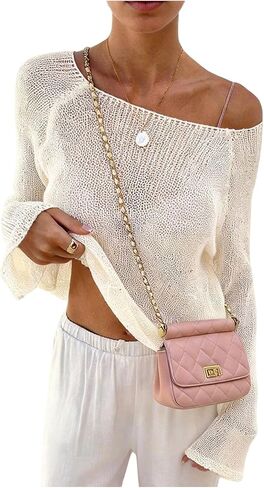 GORGLITTER Women's Crochet Cover Up Boat Neck Light Weight Sweater Sheer Long Sleeve Knit Tops Summer Vacation Outfits in Kuwait