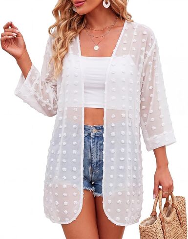 Swimsuit Coverups for Women Swiss Dot Summer Kimono Cardigan Loose Beach Cover up (White) in Kuwait