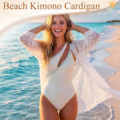 Swimsuit Coverups for Women Swiss Dot Summer Kimono Cardigan Loose Beach Cover up (White) in Kuwait