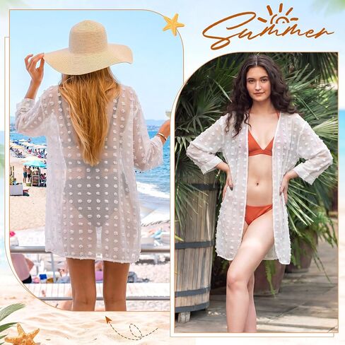 Swimsuit Coverups for Women Swiss Dot Summer Kimono Cardigan Loose Beach Cover up (White) in Kuwait
